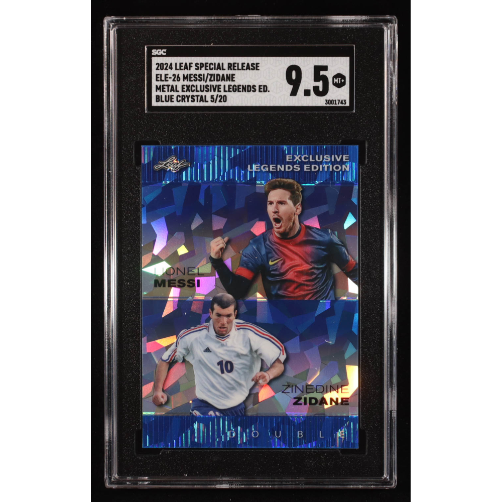 Lionel Messi / Zinedine Zidane 2024 Leaf Metal Special Release Metal Exclusive Legends Blue Crystal #ELE26 #5/20 (SGC 9.5) at PristineAuction.com