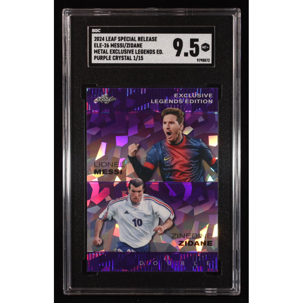 Lionel Messi / Zinedine Zidane 2024 Leaf Metal Special Release Metal Exclusive Legends Purple Crystal #ELE26 #1/15 (SGC 9.5) at PristineAuction.com