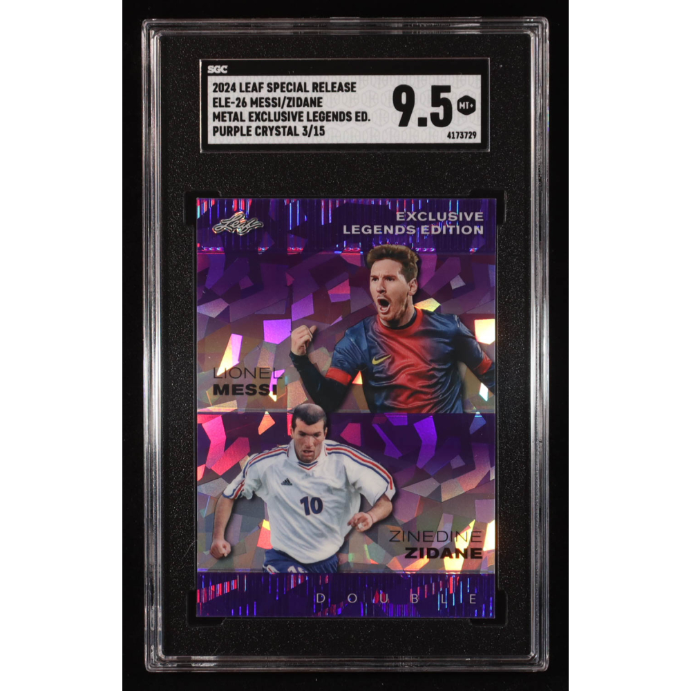Lionel Messi / Zinedine Zidane 2024 Leaf Metal Special Release Metal Exclusive Legends Purple Crystal #ELE26 #3/15 (SGC 9.5) at PristineAuction.com