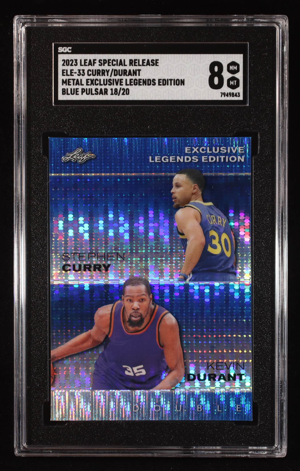 Stephen Curry / Kevin Durant 2023 Leaf Metal Special Release Exclusive Legends Edition Blue Pulsar #ELE33 #18/20 (SGC 8) at PristineAuction.com Stephen Curry / Kevin Durant 2023 Leaf Metal Special Release Exclusive Legends Edition Blue Pulsar #ELE33 #18/20 (SGC 8) at PristineAuction.com
