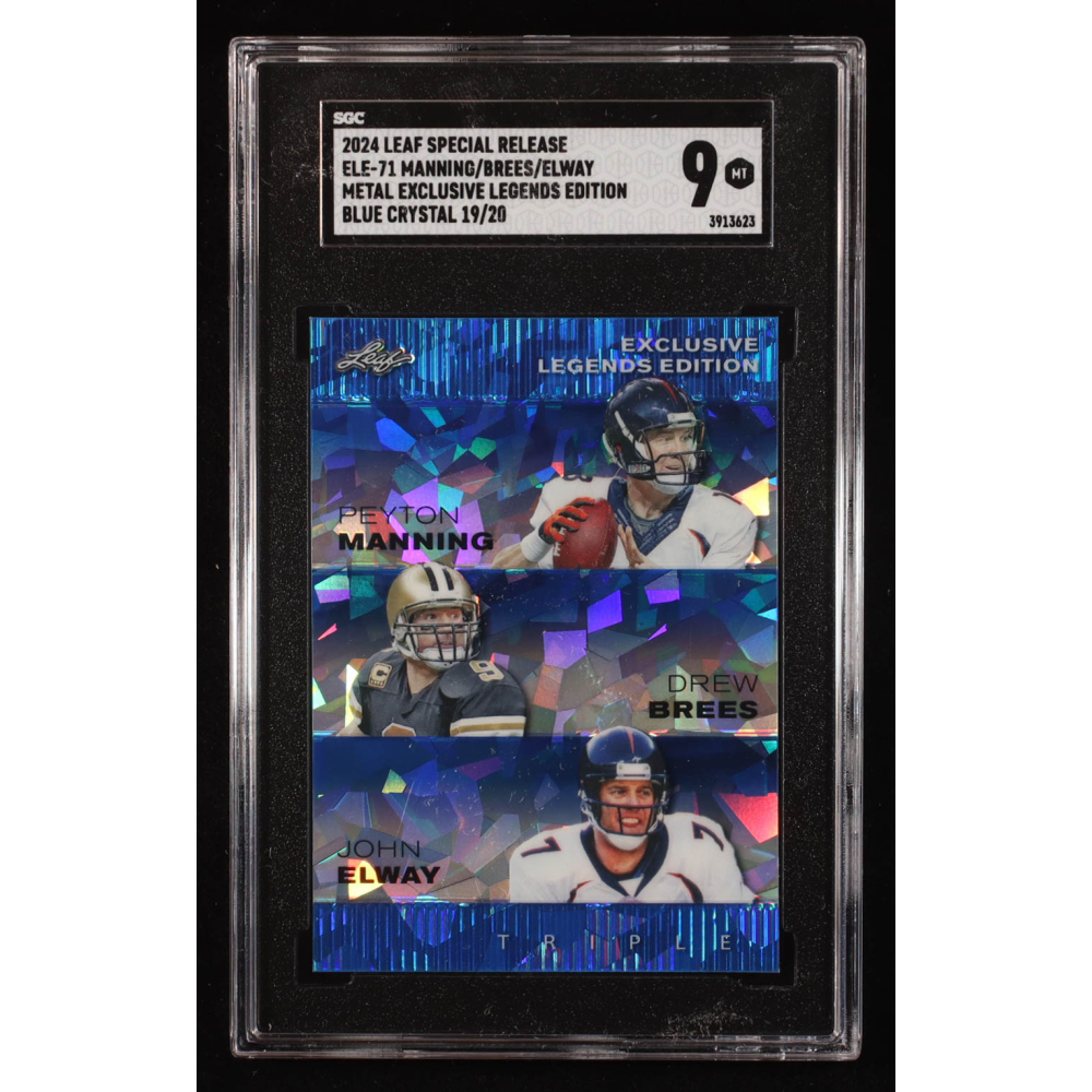 Peyton Manning / Drew Brees / John Elway 2024 Leaf Metal Special Release Exclusive Legends Blue Crystal #ELE71 #19/20 (SGC 9) at PristineAuction.com