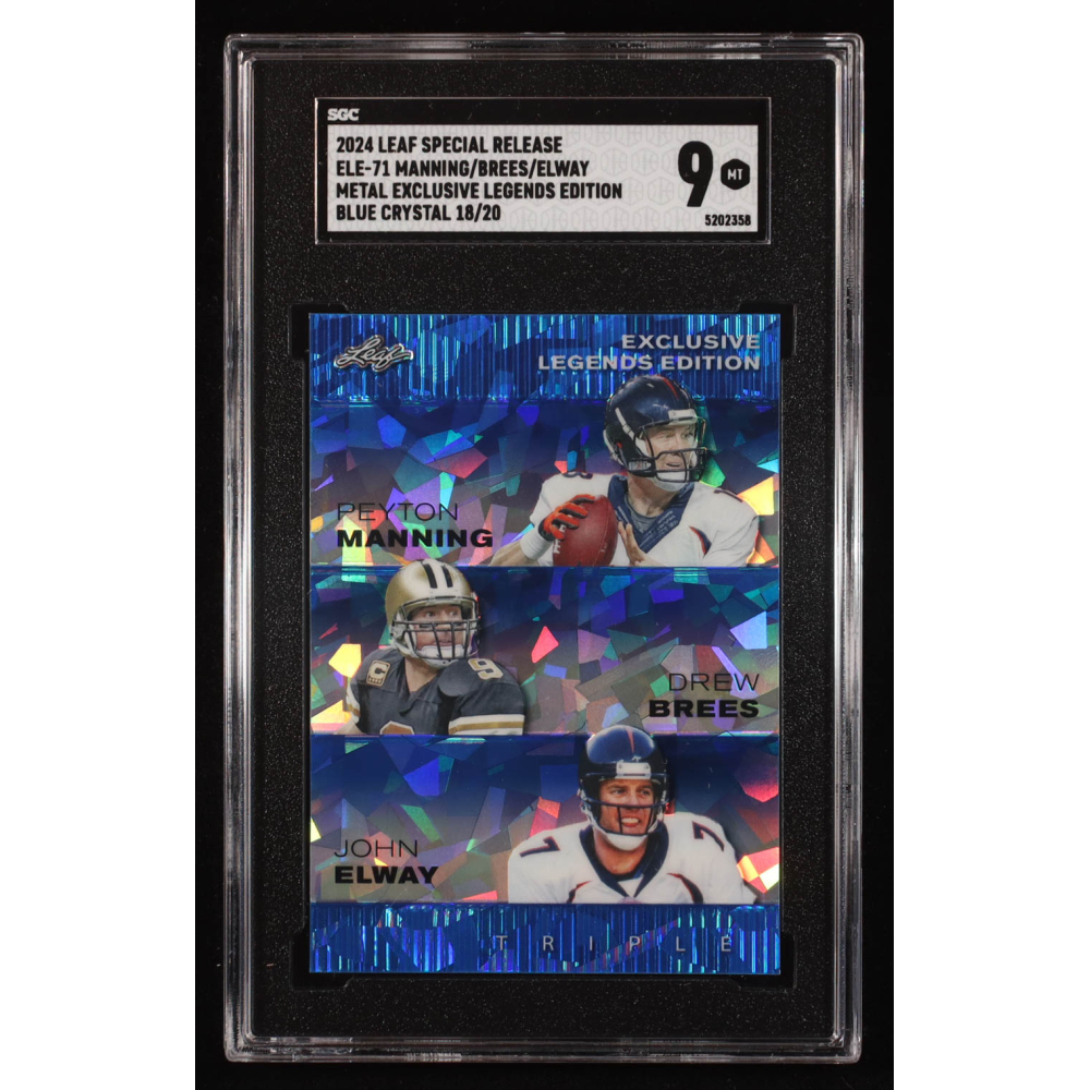 Peyton Manning / Drew Brees / John Elway 2024 Leaf Metal Special Release Exclusive Legends Blue Crystal #ELE71 #18/20 (SGC 9) at PristineAuction.com