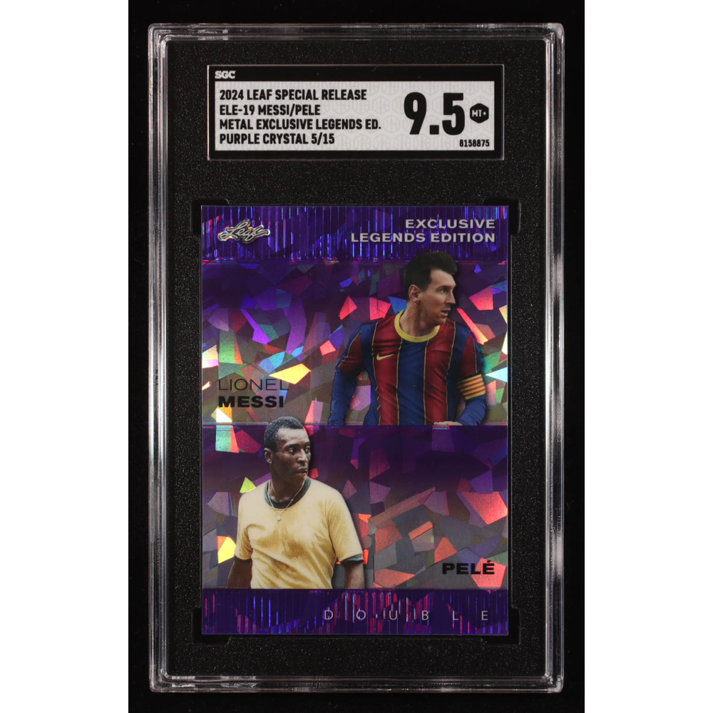 Lionel Messi / Pele 2024 Leaf Metal Special Release Exclusive Legends Purple Crystal #ELE19 #5/15 (SGC 9.5) at PristineAuction.com