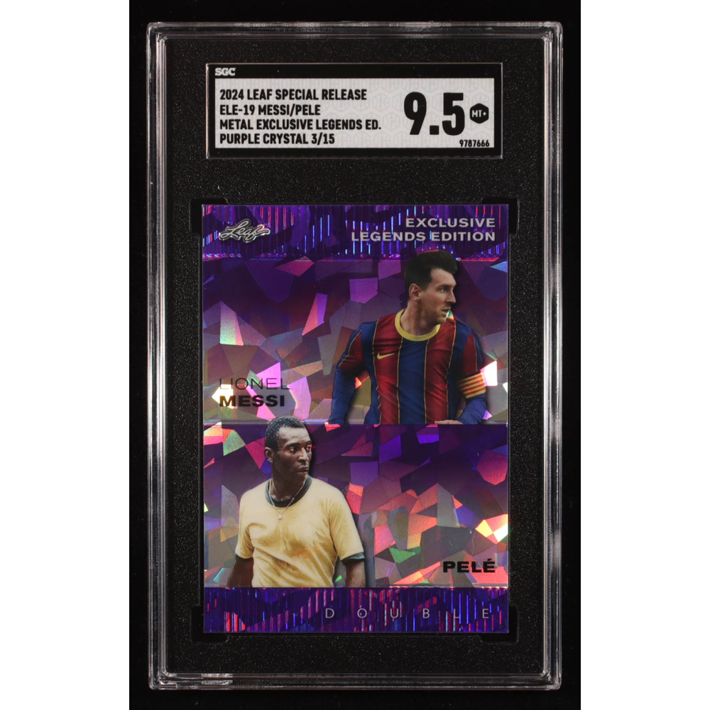 Lionel Messi / Pele 2024 Leaf Metal Special Release Exclusive Legends Purple Crystal #ELE19 #3/15 (SGC 9.5) at PristineAuction.com