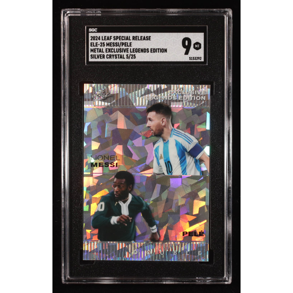 Lionel Messi / Pele 2024 Leaf Metal Special Release Exclusive Legends Silver Crystal #ELE25 #5/25 (SGC 9) at PristineAuction.com
