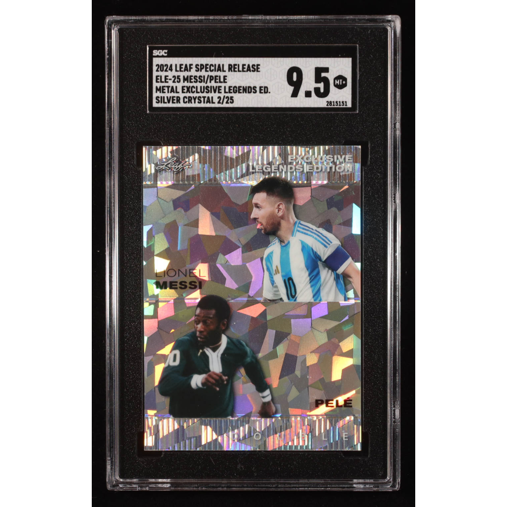 Lionel Messi / Pele 2024 Leaf Metal Special Release Exclusive Legends Silver Crystal #ELE25 #2/25 (SGC 9.5) at PristineAuction.com