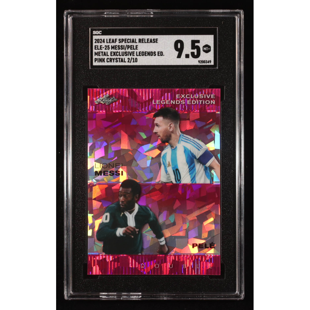 Lionel Messi / Pele 2024 Leaf Metal Special Release Exclusive Legends Pink Crystal #ELE25 #2/10 (SGC 9.5) at PristineAuction.com
