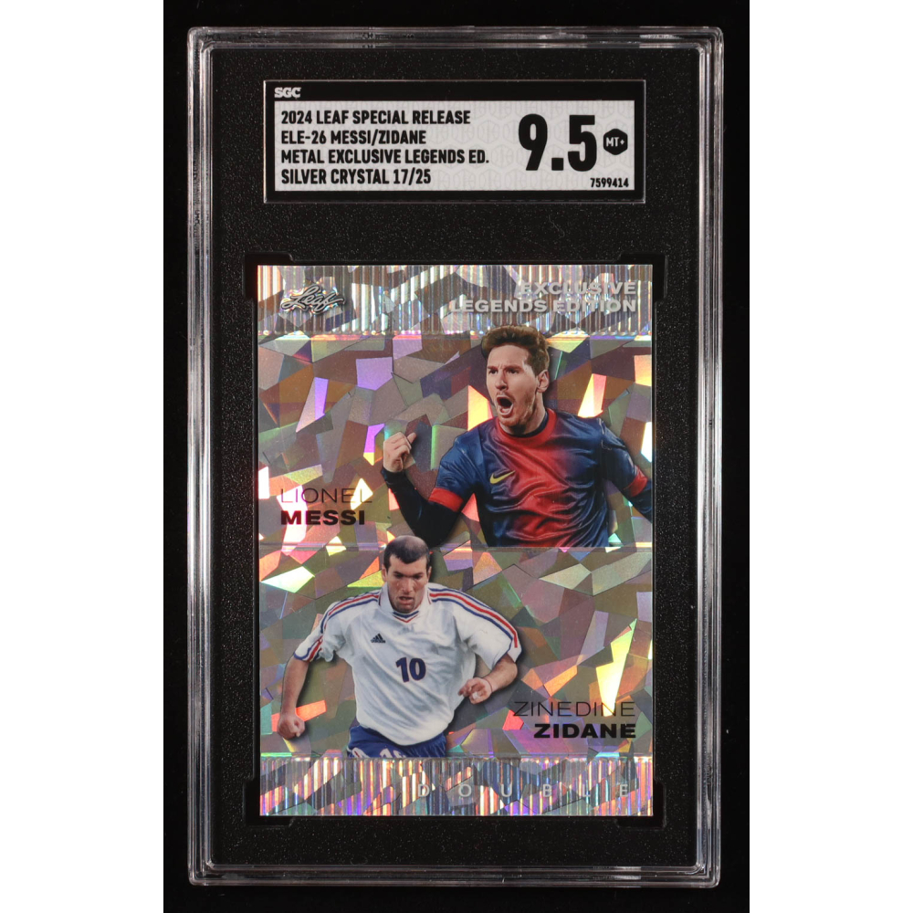 Lionel Messi / Zinedine Zidane 2024 Leaf Metal Special Release Metal Exclusive Legends Silver Crystal #ELE26 #17/25 (SGC 9.5) at PristineAuction.com