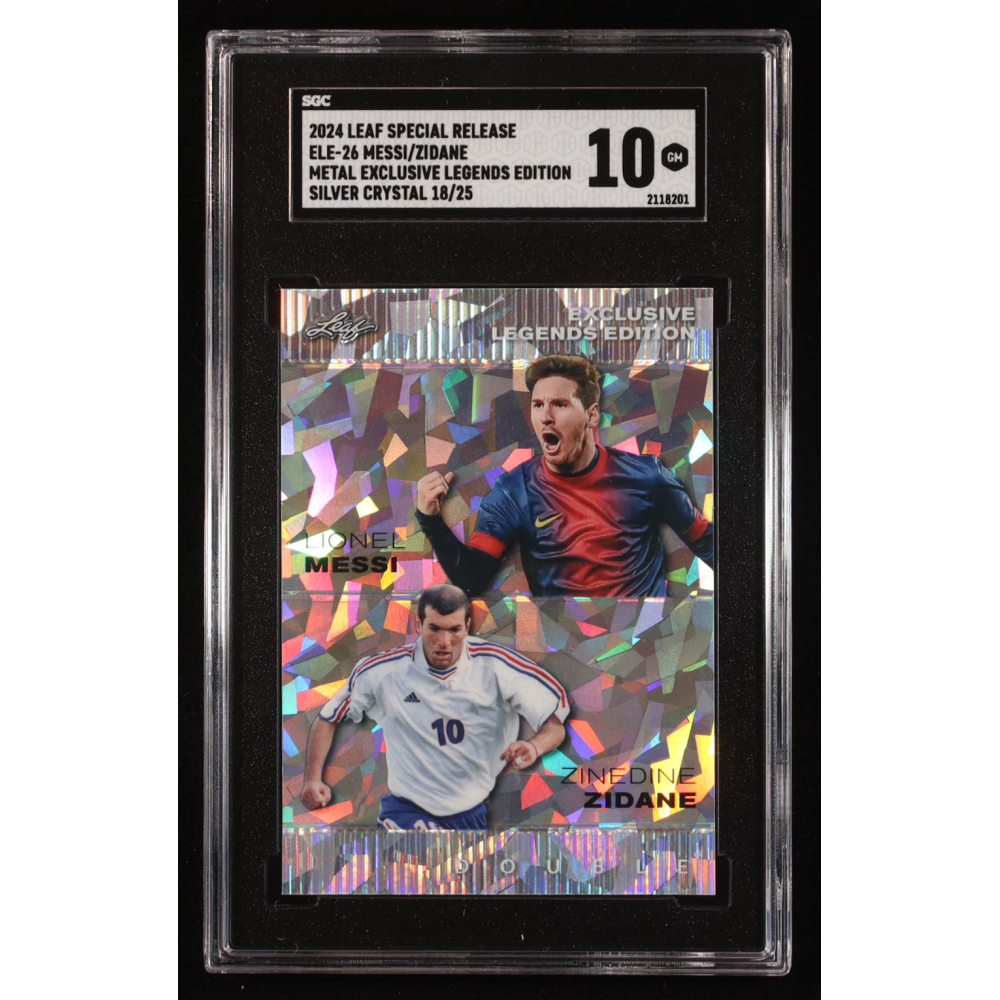 Lionel Messi / Zinedine Zidane 2024 Leaf Metal Special Release Metal Exclusive Legends Silver Crystal #ELE26 #18/25 (SGC 10) at PristineAuction.com