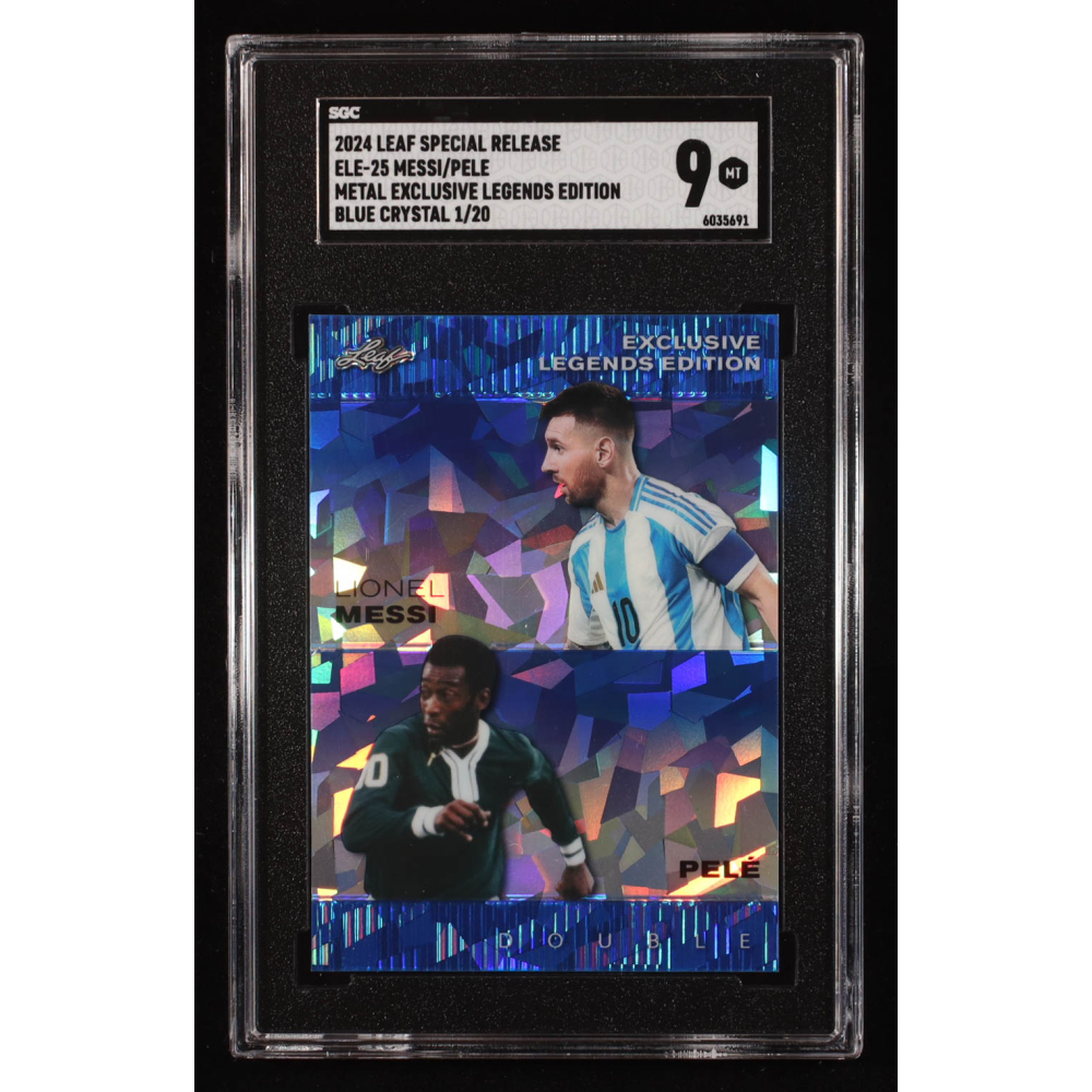 Lionel Messi / Pele 2024 Leaf Metal Special Release Exclusive Legends Blue Crystal #ELE25 #1/20 (SGC 9) at PristineAuction.com