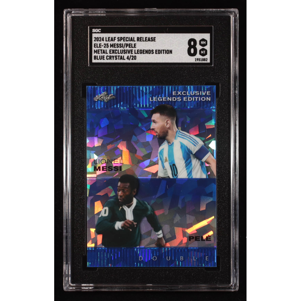 Lionel Messi / Pele 2024 Leaf Metal Special Release Exclusive Legends Blue Crystal #ELE25 #4/20 (SGC 8) at PristineAuction.com