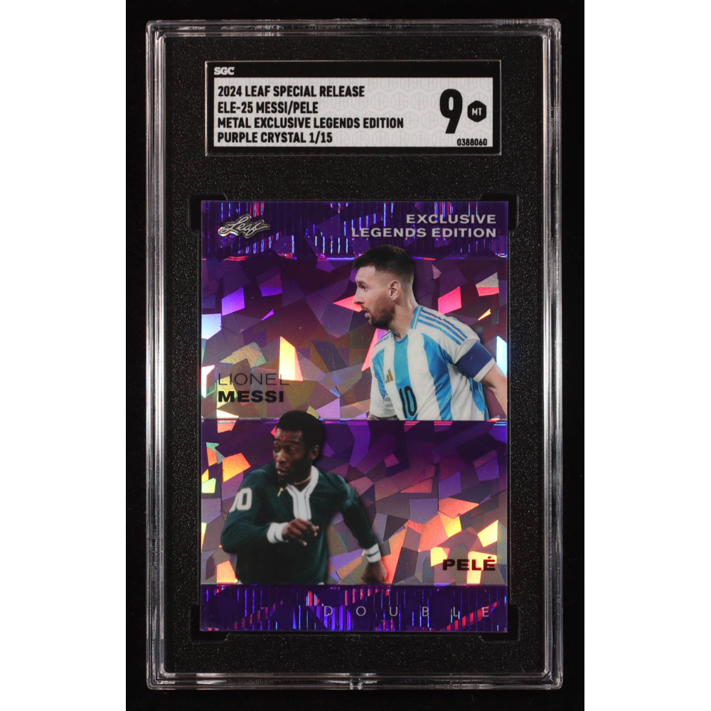 Lionel Messi / Pele 2024 Leaf Metal Special Release Exclusive Legends Purple Crystal #ELE25 #1/15 (SGC 9) at PristineAuction.com