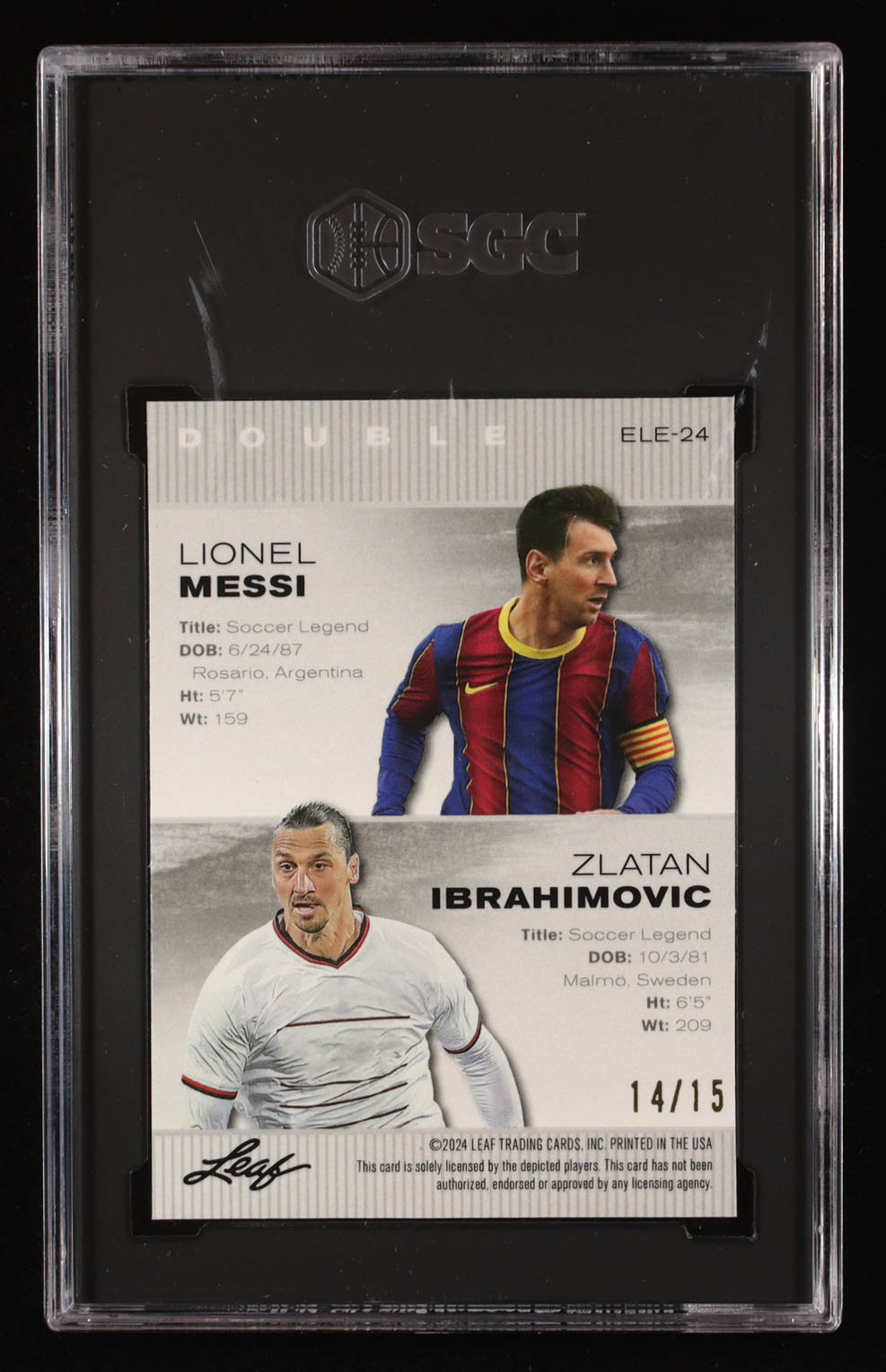 Lionel Messi / Zlatan Ibrahimovic 2024 Leaf Metal Special Release Exclusive Legends Purple Crystal #ELE24 #14/15 (SGC 9.5) at PristineAuction.com Lionel Messi / Zlatan Ibrahimovic 2024 Leaf Metal Special Release Exclusive Legends Purple Crystal #ELE24 #14/15 (SGC 9.5) at PristineAuction.com