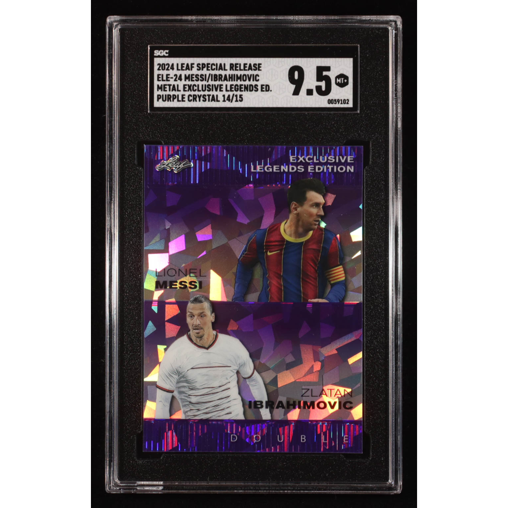 Lionel Messi / Zlatan Ibrahimovic 2024 Leaf Metal Special Release Exclusive Legends Purple Crystal #ELE24 #14/15 (SGC 9.5) at PristineAuction.com