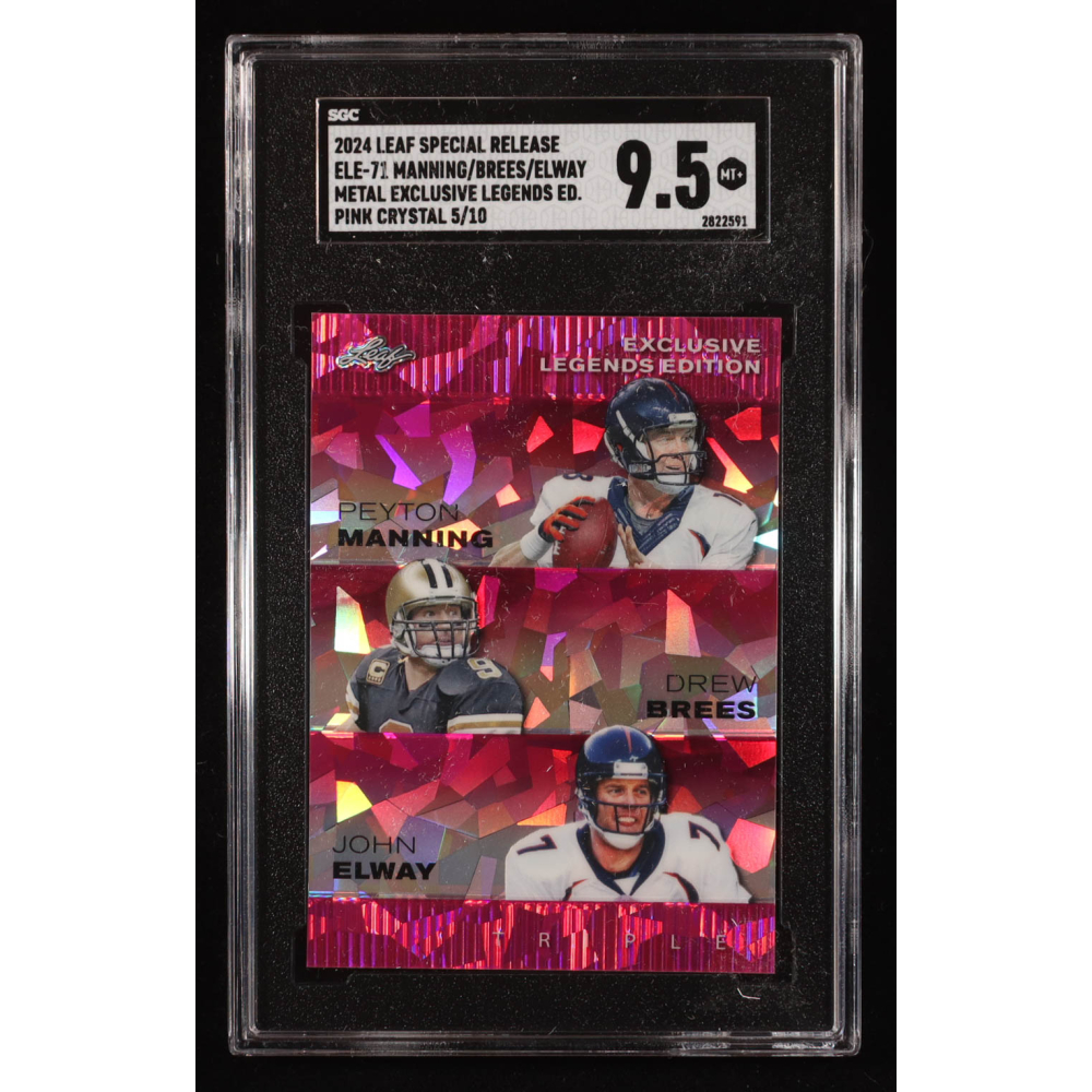 Peyton Manning / Drew Brees / John Elway 2024 Leaf Metal Special Release Exclusive Legends Pink Crystal #ELE71 #5/10 (SGC 9.5) at PristineAuction.com