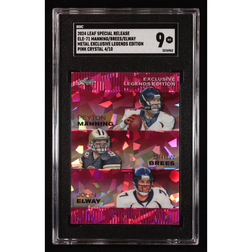 Peyton Manning / Drew Brees / John Elway 2024 Leaf Metal Special Release Exclusive Legends Pink Crystal #ELE71 #4/10 (SGC 9) at PristineAuction.com