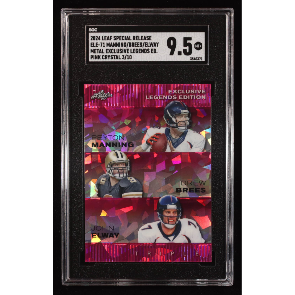 Peyton Manning / Drew Brees / John Elway 2024 Leaf Metal Special Release Exclusive Legends Pink Crystal #ELE71 #3/10 (SGC 9.5) at PristineAuction.com