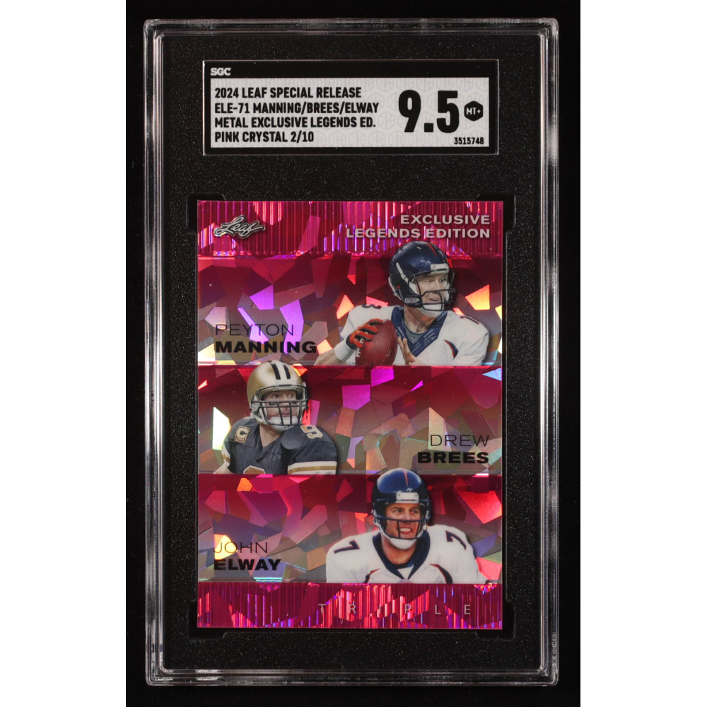 Peyton Manning / Drew Brees / John Elway 2024 Leaf Metal Special Release Exclusive Legends Pink Crystal #ELE71 #2/10 (SGC 9.5) at PristineAuction.com