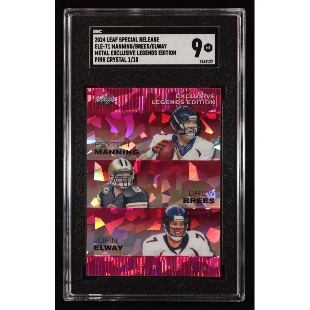 Peyton Manning / Drew Brees / John Elway 2024 Leaf Metal Special Release Exclusive Legends Pink Crystal #ELE71 #1/10 (SGC 9) at PristineAuction.com