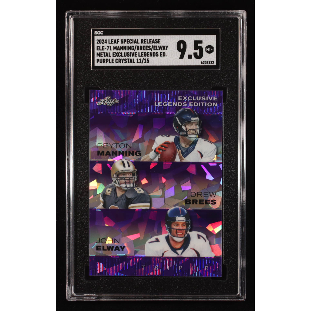 Peyton Manning / Drew Brees / John Elway 2024 Leaf Metal Special Release Exclusive Legends Purple Crystal #ELE71 #11/15 (SGC 9.5) at PristineAuction.com