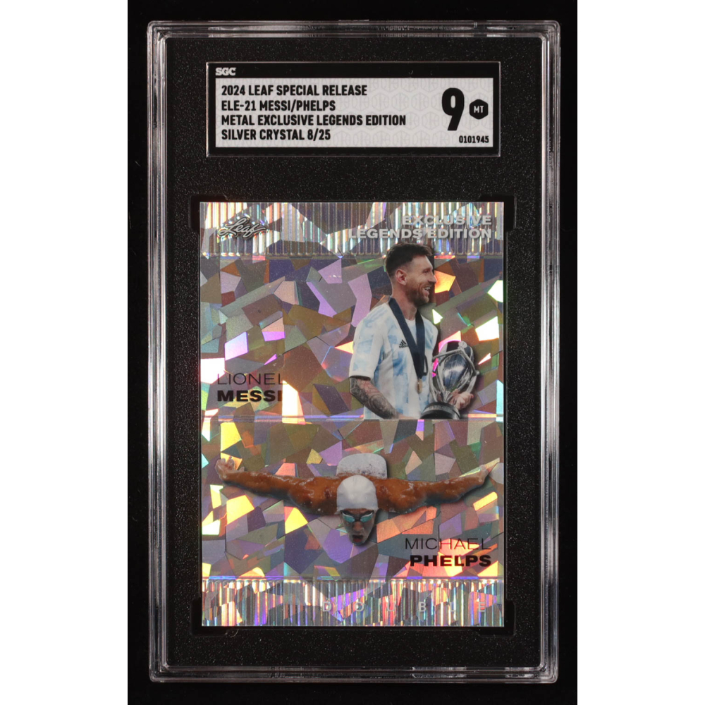 Lionel Messi / Michael Phelps 2024 Leaf Metal Special Release Exclusive Legends Silver Crystal #ELE21 #8/25 (SGC 9) at PristineAuction.com