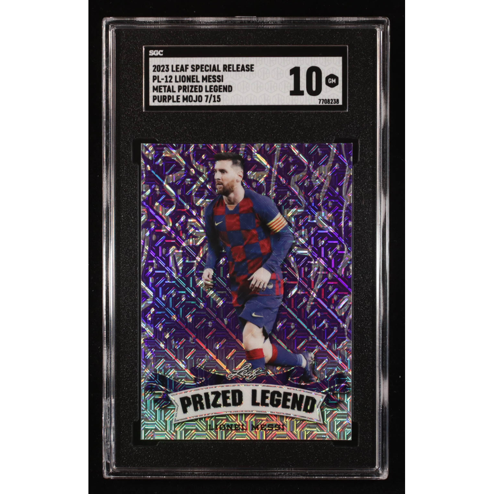 Lionel Messi 2023 Leaf Metal Special Release Prized Legend Purple Mojo #PL12 #7/15 (SGC 10) at PristineAuction.com