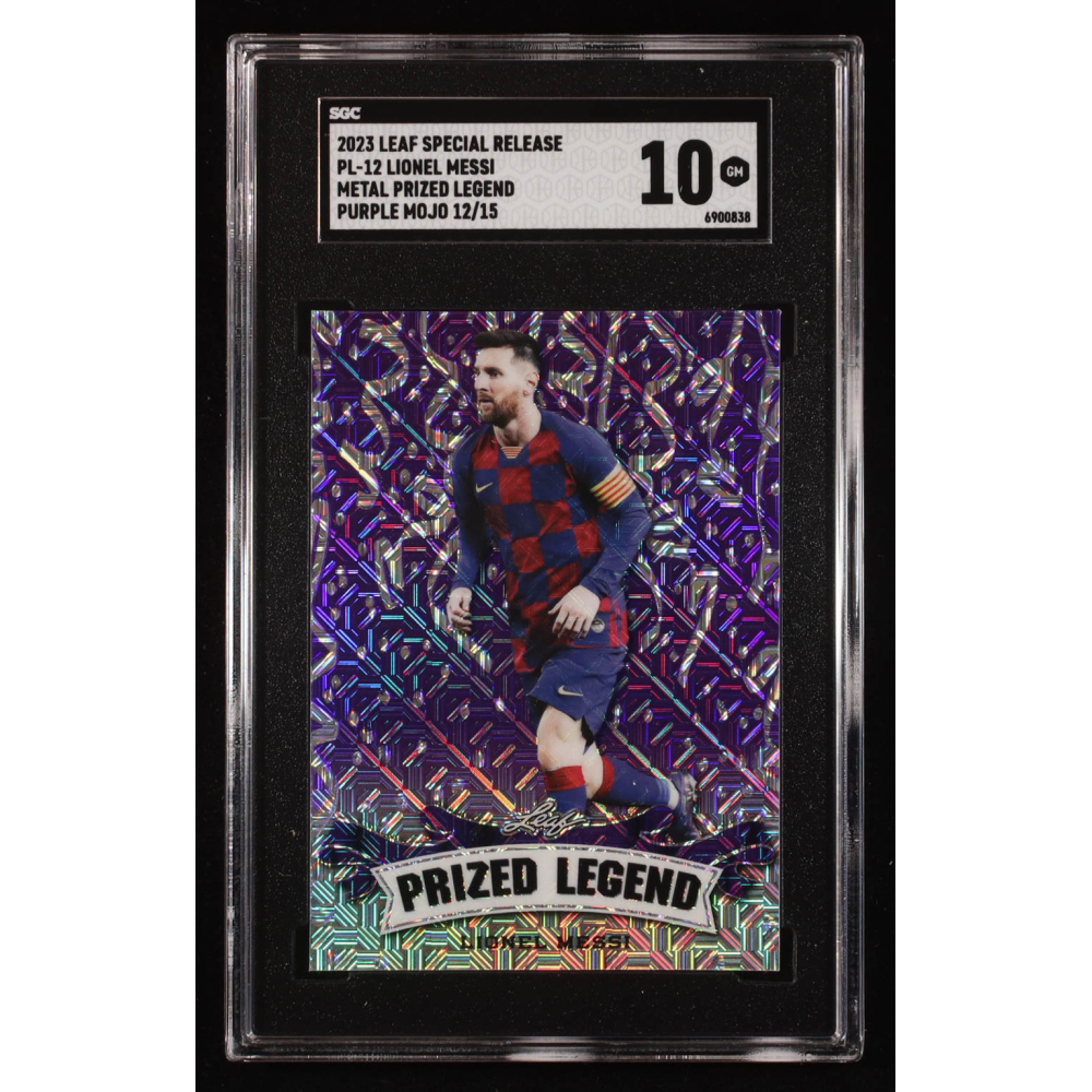 Lionel Messi 2023 Leaf Metal Special Release Prized Legend Purple Mojo #PL12 #12/15 (SGC 10) at PristineAuction.com