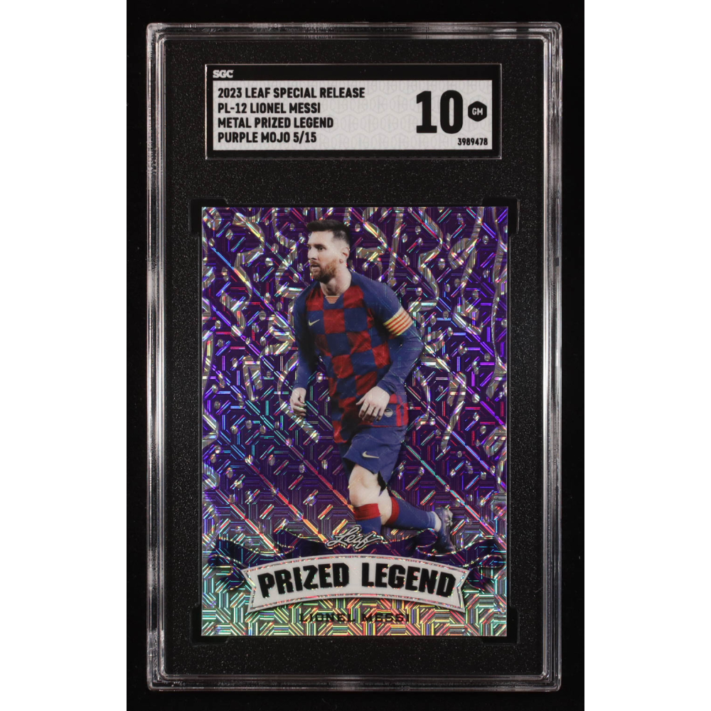 Lionel Messi 2023 Leaf Metal Special Release Prized Legend Purple Mojo #PL12 #5/15 (SGC 10) at PristineAuction.com