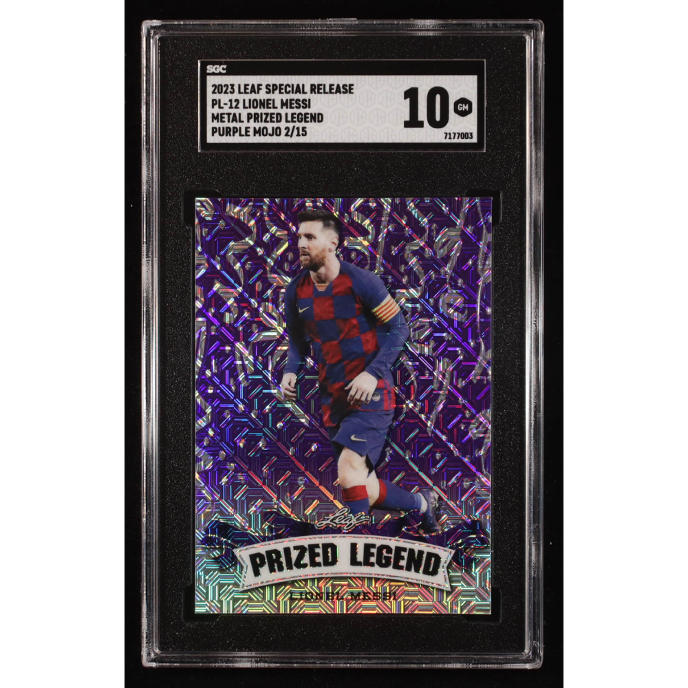Lionel Messi 2023 Leaf Metal Special Release Prized Legend Purple Mojo #PL12 #2/15 (SGC 10) at PristineAuction.com