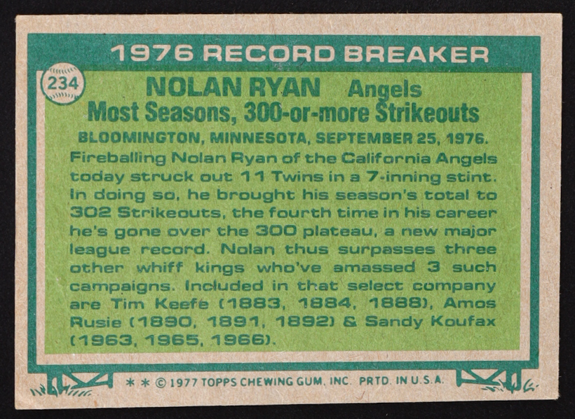 Nolan Ryan 1977 Topps 234 RB Pristine Auction