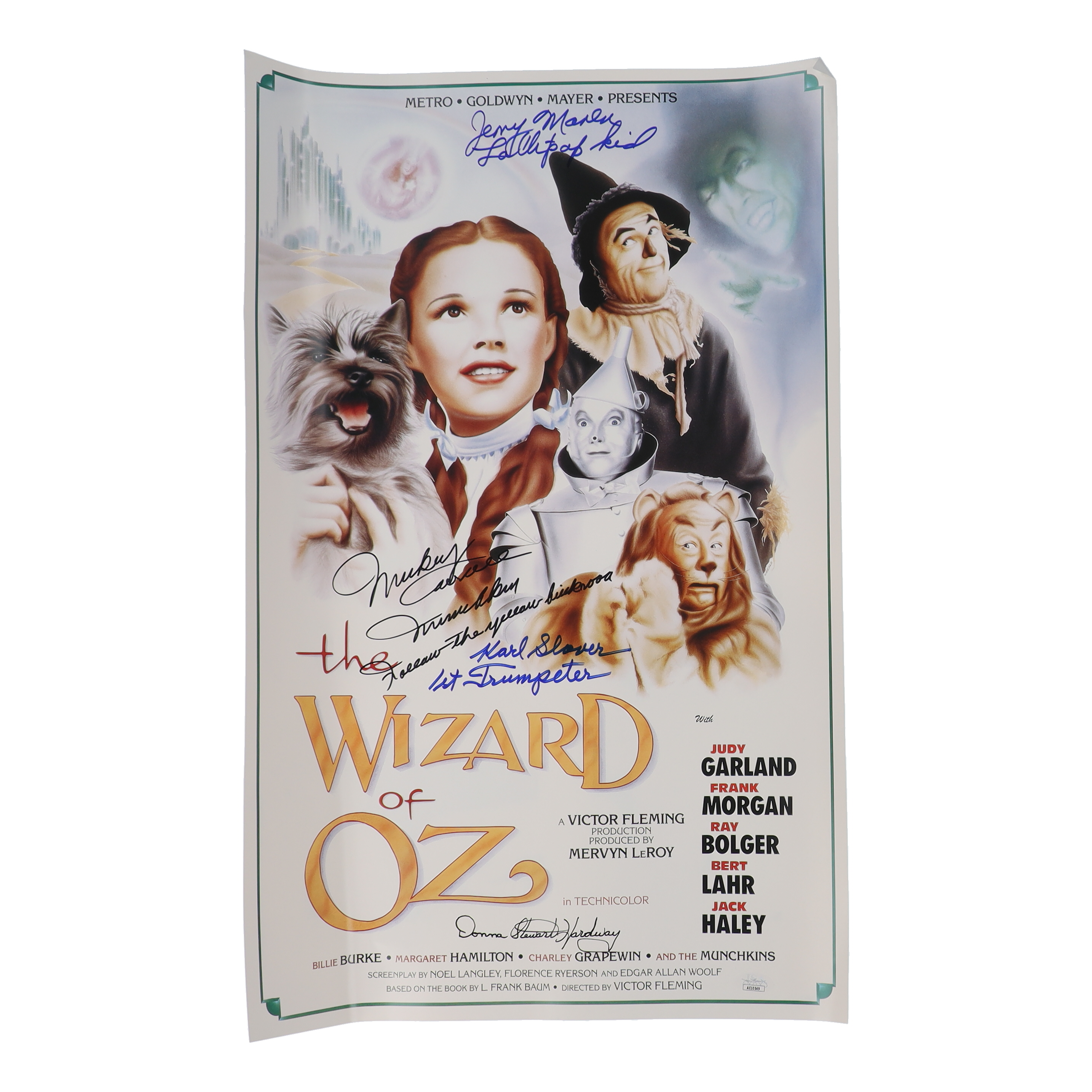 "The Wizard of Oz" 15x24 Movie Poster Photo Signed By (4) with Mickey Carroll, Jerry Maren, Karl Slover, Donna Stewart-Hardway With Character Inscriptions (JSA) at PristineAuction.com "The Wizard of Oz" 15x24 Movie Poster Photo Signed By (4) with Mickey Carroll, Jerry Maren, Karl Slover, Donna Stewart-Hardway With Character Inscriptions (JSA) at PristineAuction.com
