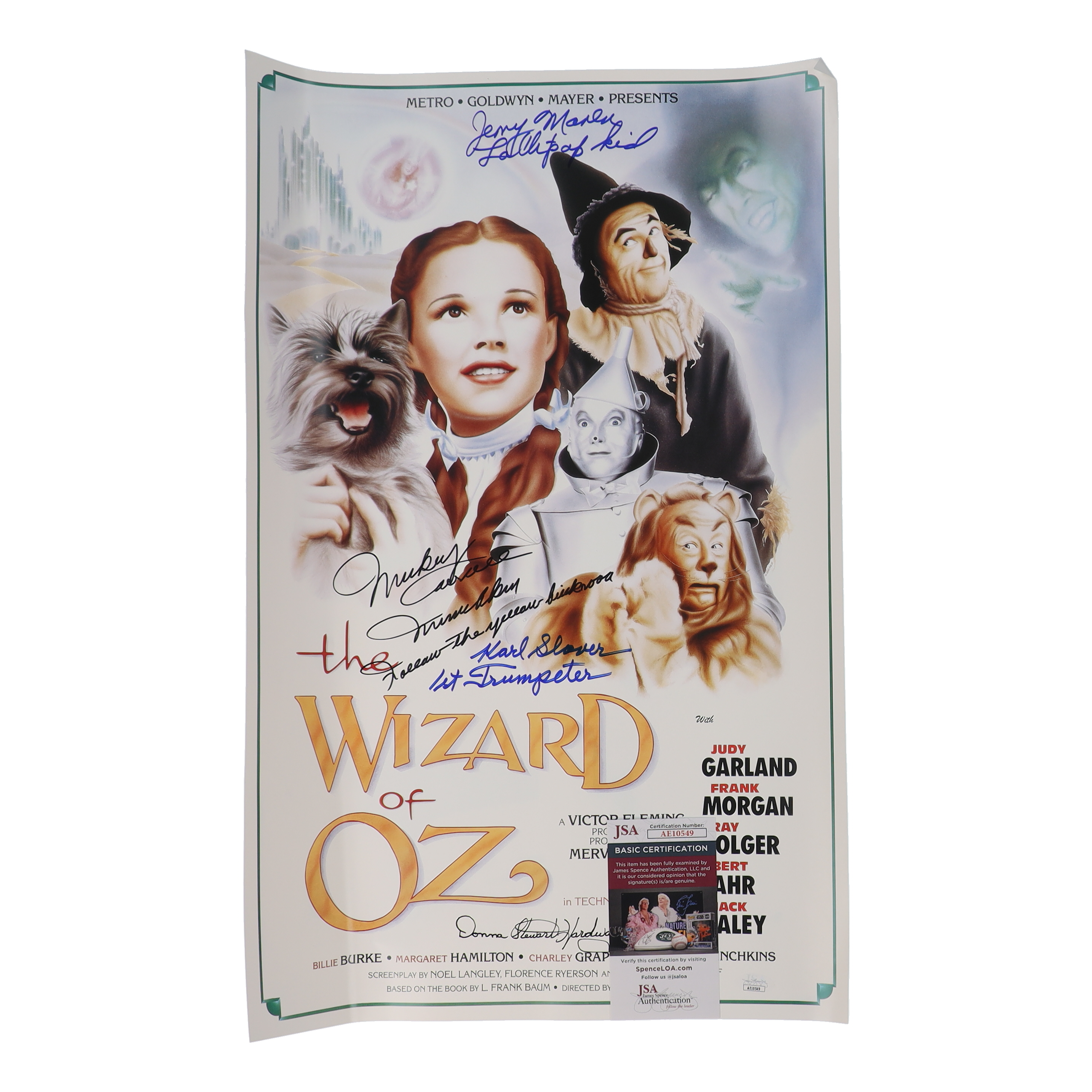 "The Wizard of Oz" 15x24 Movie Poster Photo Signed By (4) with Mickey Carroll, Jerry Maren, Karl Slover, Donna Stewart-Hardway With Character Inscriptions (JSA) at PristineAuction.com "The Wizard of Oz" 15x24 Movie Poster Photo Signed By (4) with Mickey Carroll, Jerry Maren, Karl Slover, Donna Stewart-Hardway With Character Inscriptions (JSA) at PristineAuction.com
