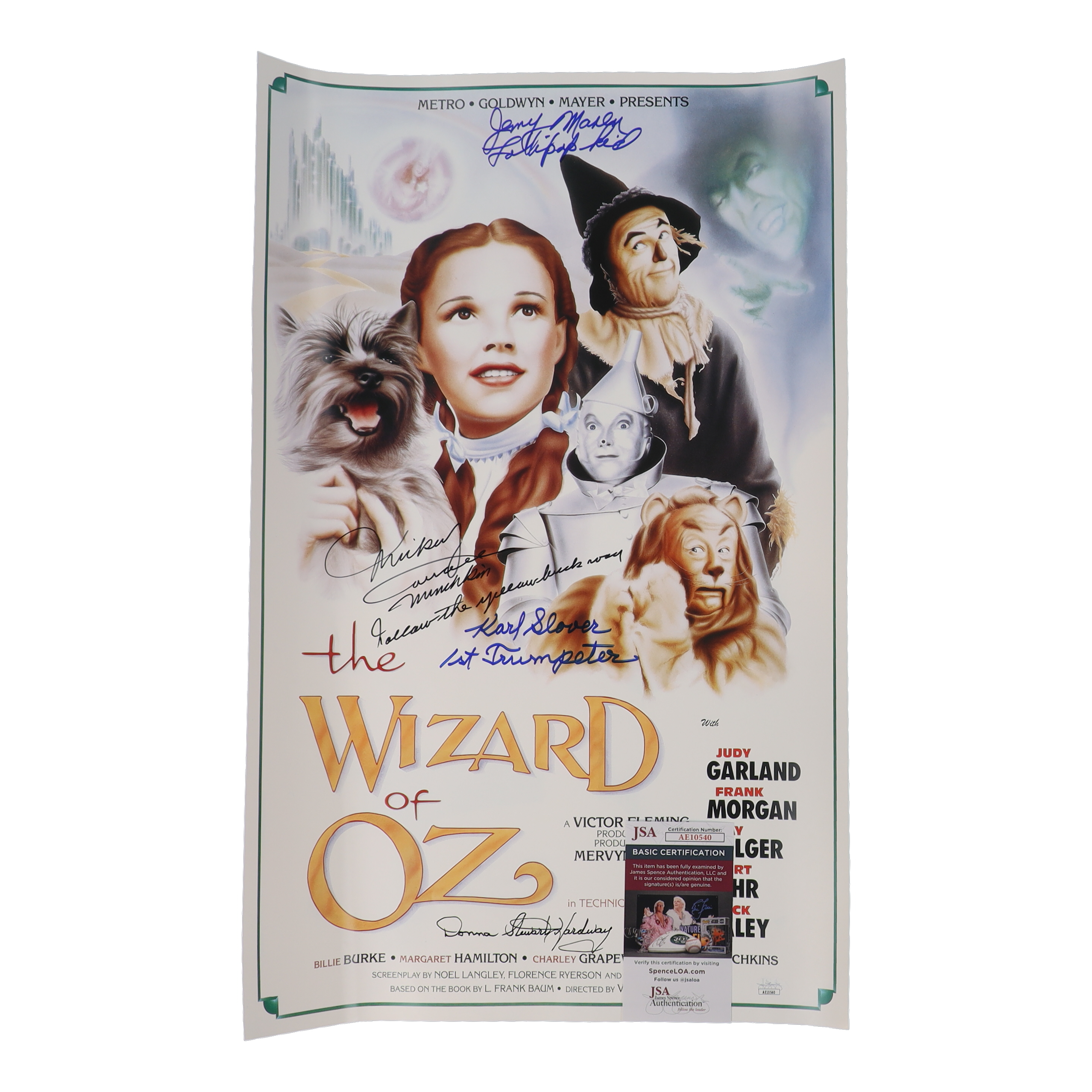 "The Wizard of Oz" 15x24 Movie Poster Photo Signed By (4) with Mickey Carroll, Jerry Maren, Karl Slover, Donna Stewart-Hardway With Character Inscriptions (JSA) at PristineAuction.com "The Wizard of Oz" 15x24 Movie Poster Photo Signed By (4) with Mickey Carroll, Jerry Maren, Karl Slover, Donna Stewart-Hardway With Character Inscriptions (JSA) at PristineAuction.com