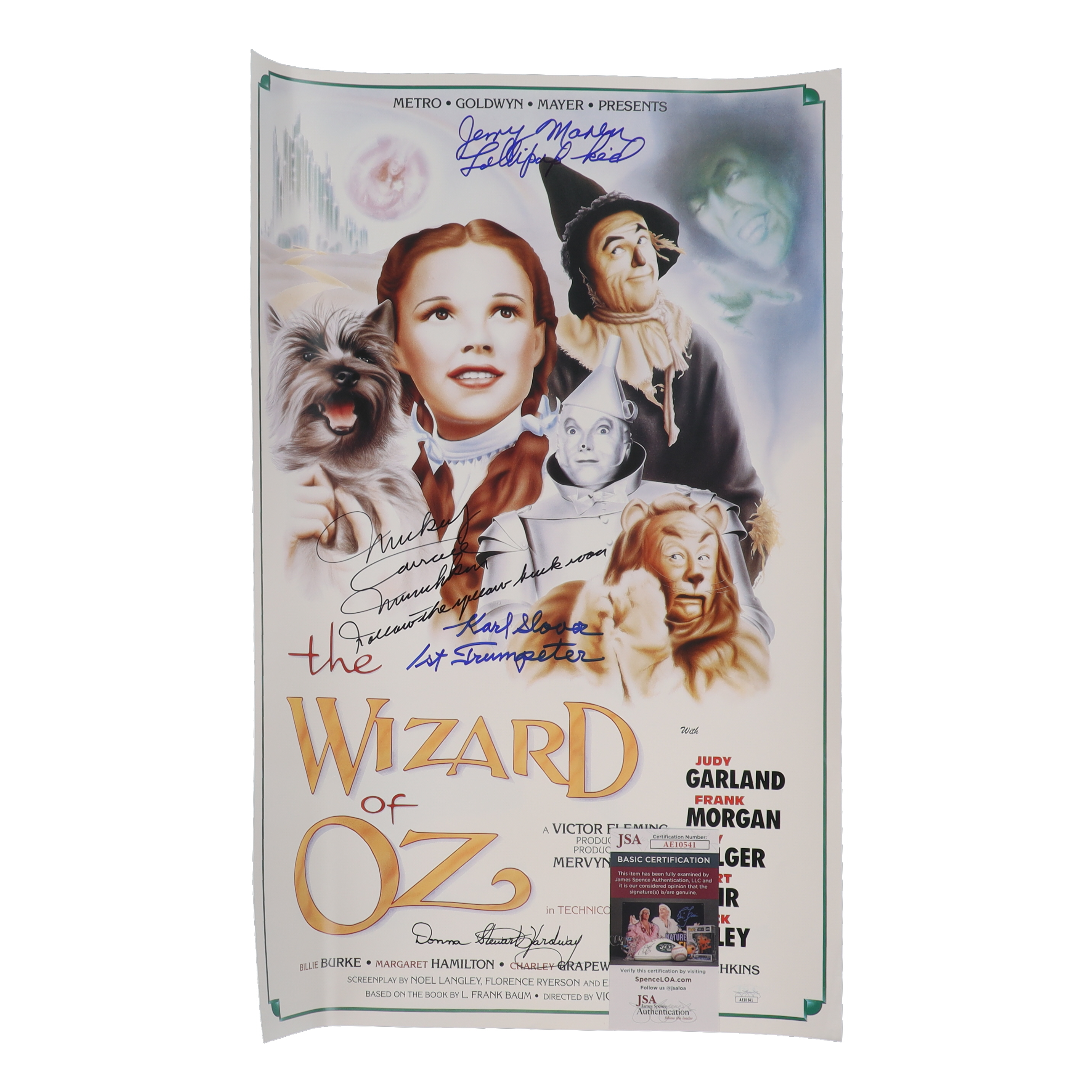 "The Wizard of Oz" 15x24 Movie Poster Photo Signed By (4) with Mickey Carroll, Jerry Maren, Karl Slover, Donna Stewart-Hardway With Character Inscriptions (JSA) at PristineAuction.com "The Wizard of Oz" 15x24 Movie Poster Photo Signed By (4) with Mickey Carroll, Jerry Maren, Karl Slover, Donna Stewart-Hardway With Character Inscriptions (JSA) at PristineAuction.com