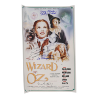 "The Wizard of Oz" 15x24 Movie Poster Photo Signed By (4) with Mickey Carroll, Jerry Maren, Karl Slover, Donna Stewart-Hardway With Character Inscriptions (JSA) at PristineAuction.com
