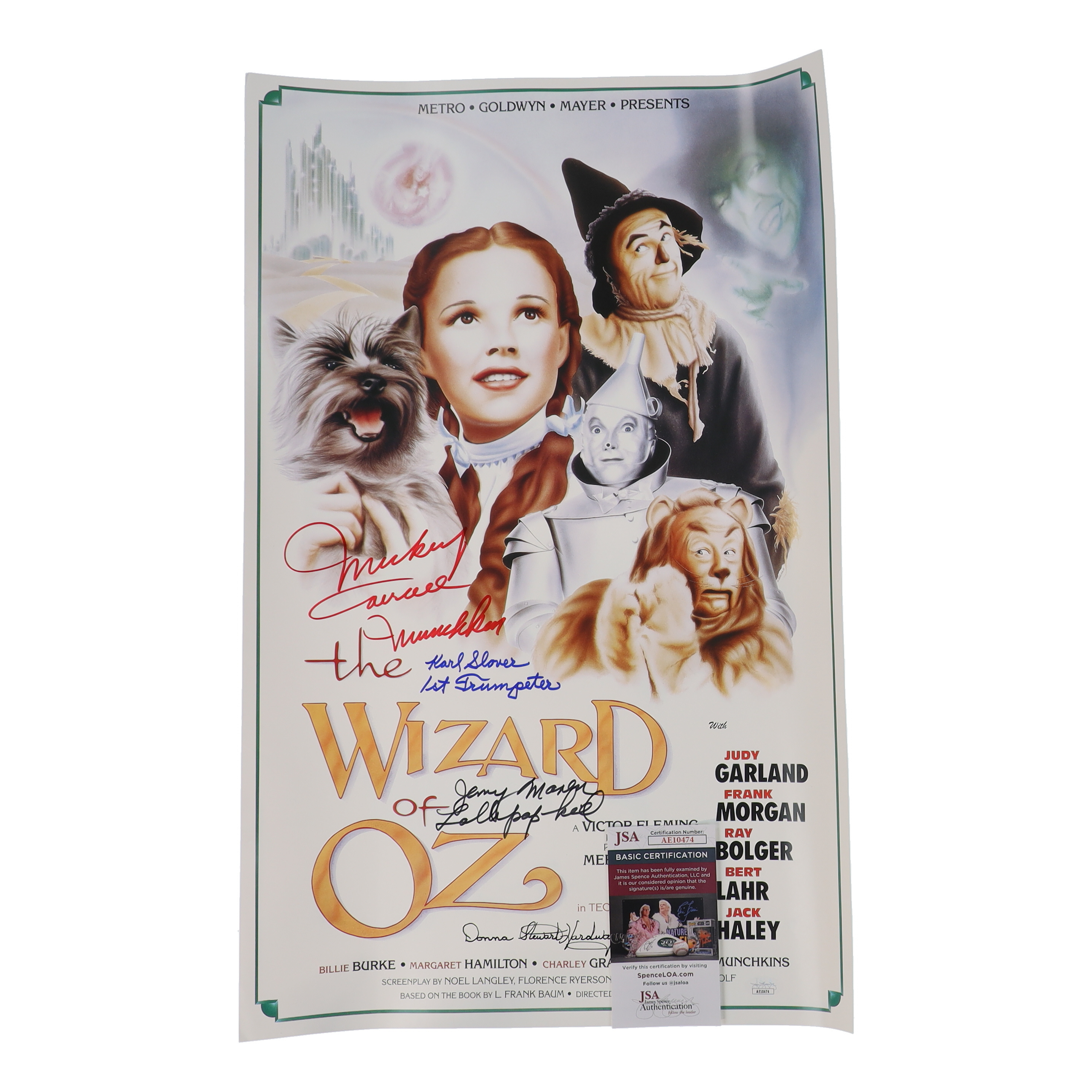 "The Wizard of Oz" 15x24 Movie Poster Photo Signed By (4) with Mickey Carroll, Jerry Maren, Karl Slover, Donna Stewart-Hardway With Character Inscriptions (JSA) at PristineAuction.com "The Wizard of Oz" 15x24 Movie Poster Photo Signed By (4) with Mickey Carroll, Jerry Maren, Karl Slover, Donna Stewart-Hardway With Character Inscriptions (JSA) at PristineAuction.com
