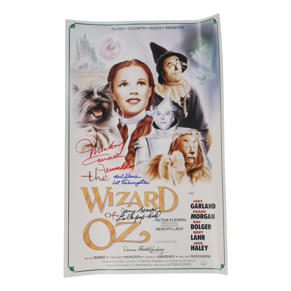 "The Wizard of Oz" 15x24 Movie Poster Photo Signed By (4) with Mickey Carroll, Jerry Maren, Karl Slover, Donna Stewart-Hardway With Character Inscriptions (JSA) at PristineAuction.com