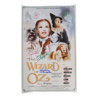 "The Wizard of Oz" 15x24 Movie Poster Photo Signed By (4) with Mickey Carroll, Jerry Maren, Karl Slover, Donna Stewart-Hardway With Character Inscriptions (JSA) at PristineAuction.com