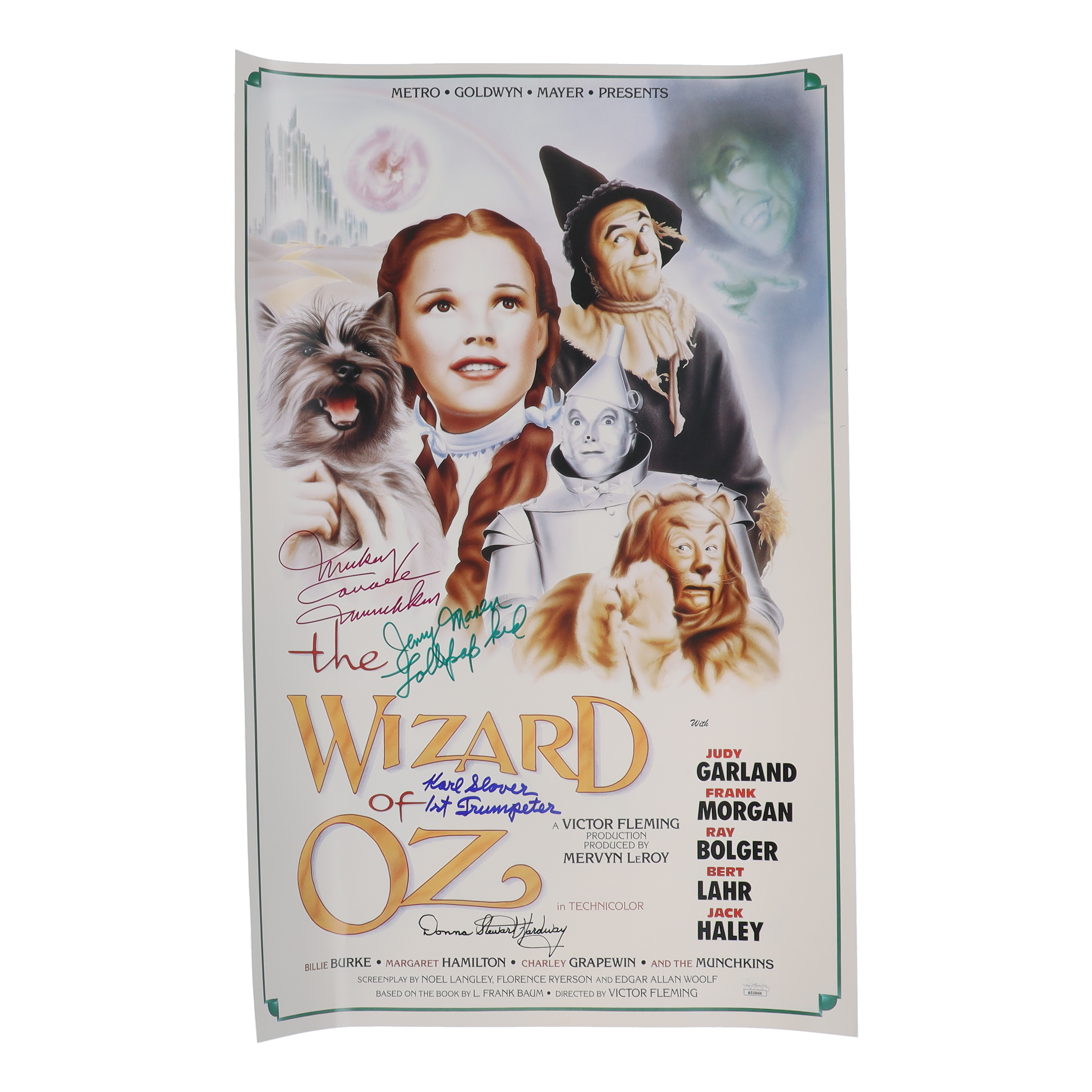 "The Wizard of Oz" 15x24 Movie Poster Photo Signed By (4) with Mickey Carroll, Jerry Maren, Karl Slover, Donna Stewart-Hardway With Character Inscriptions (JSA) at PristineAuction.com "The Wizard of Oz" 15x24 Movie Poster Photo Signed By (4) with Mickey Carroll, Jerry Maren, Karl Slover, Donna Stewart-Hardway With Character Inscriptions (JSA) at PristineAuction.com