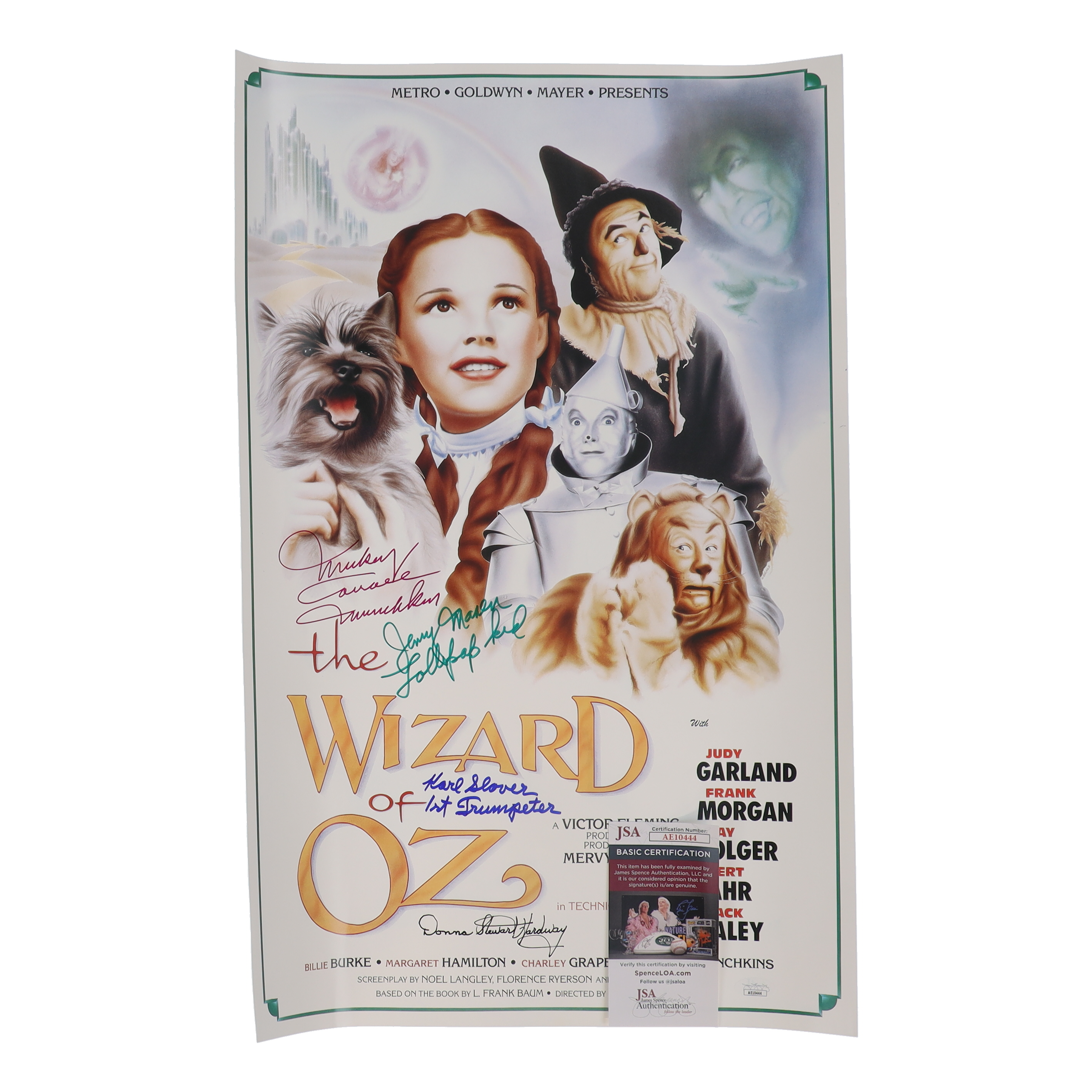 "The Wizard of Oz" 15x24 Movie Poster Photo Signed By (4) with Mickey Carroll, Jerry Maren, Karl Slover, Donna Stewart-Hardway With Character Inscriptions (JSA) at PristineAuction.com "The Wizard of Oz" 15x24 Movie Poster Photo Signed By (4) with Mickey Carroll, Jerry Maren, Karl Slover, Donna Stewart-Hardway With Character Inscriptions (JSA) at PristineAuction.com