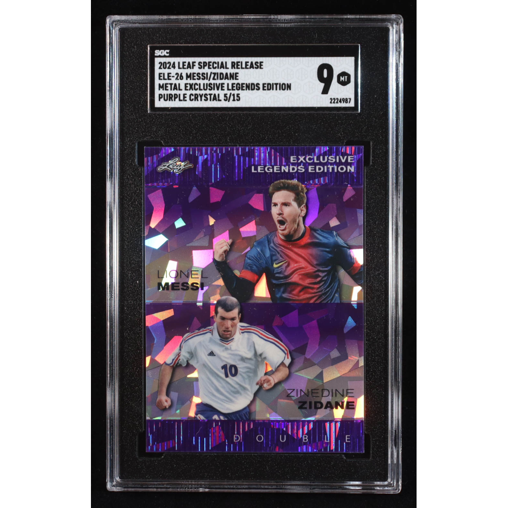 Lionel Messi / Zinedine Zidane 2024 Leaf Metal Special Release Exclusive Legends Edition Crystal Purple #ELE26 #5/15 (SGC 9) at PristineAuction.com