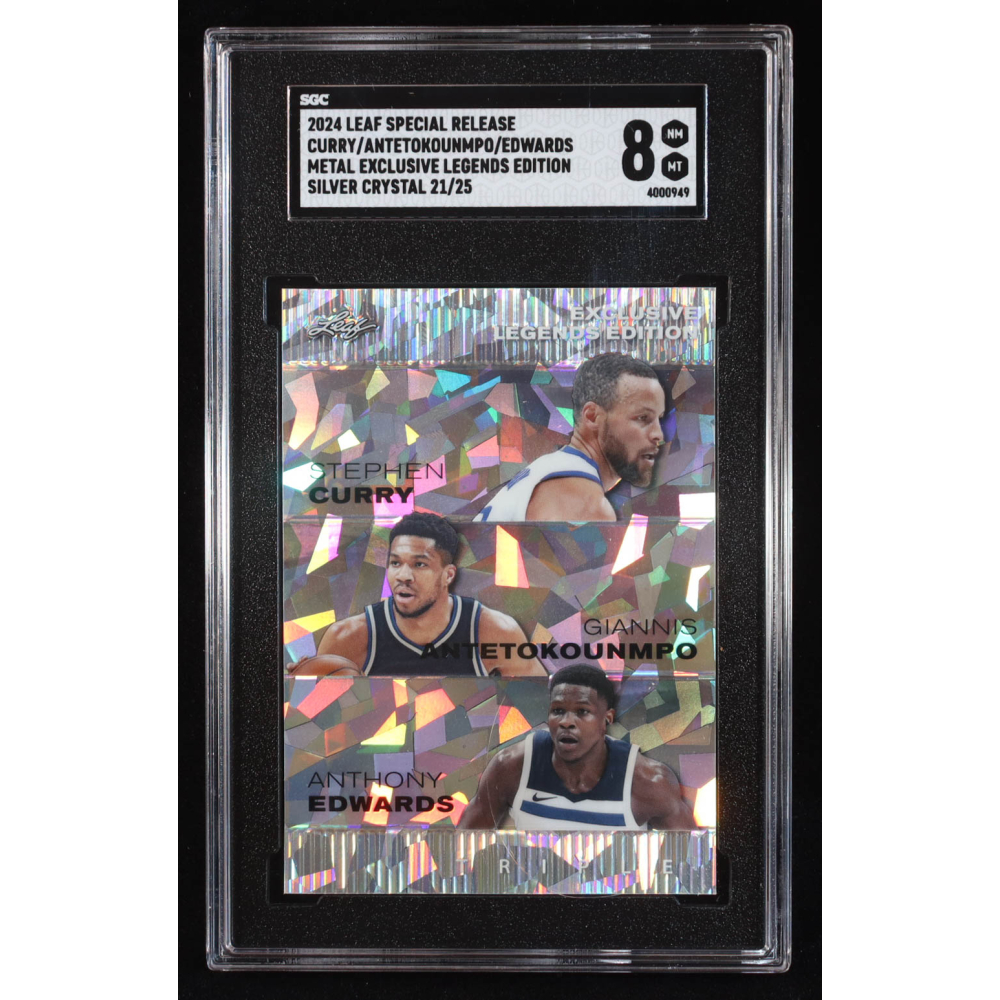 Stephen Curry / Giannis Antetokounmpo / Anthony Edwards 2024 Leaf Metal Special Release Exclusive Legends Edition Crystal Silver #ELE74 #21/25 (SGC 8) at PristineAuction.com