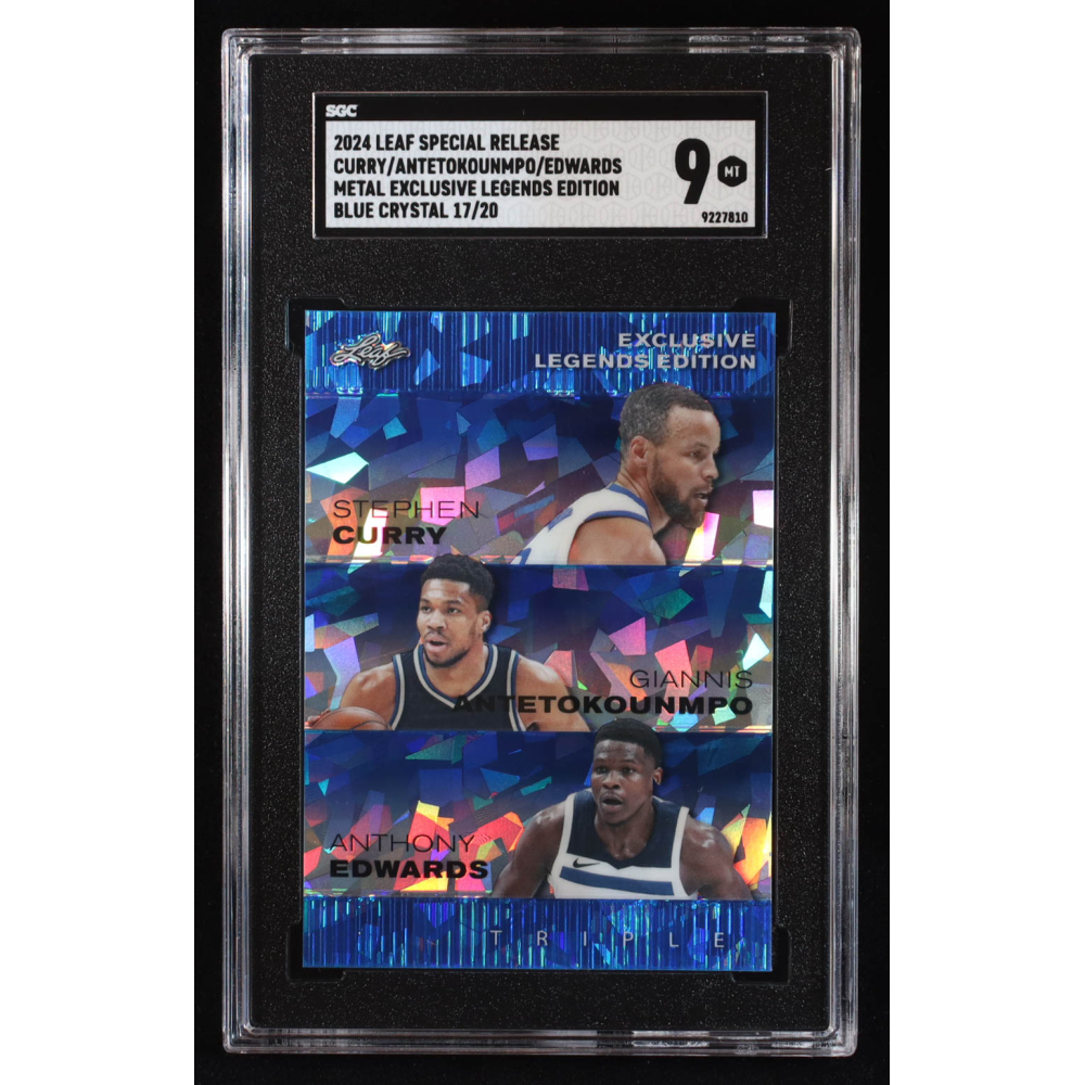 Stephen Curry / Giannis Antetokounmpo / Anthony Edwards 2024 Leaf Metal Special Release Exclusive Legends Edition Crystal Blue #ELE74 #17/20 (SGC 9) at PristineAuction.com