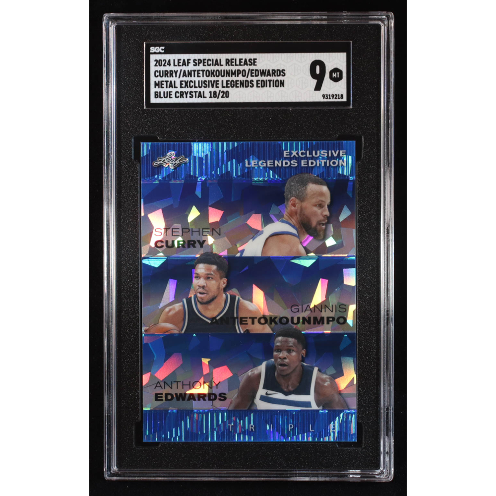 Stephen Curry / Giannis Antetokounmpo / Anthony Edwards 2024 Leaf Metal Special Release Exclusive Legends Edition Crystal Blue #ELE74 #18/20 (SGC 9) at PristineAuction.com