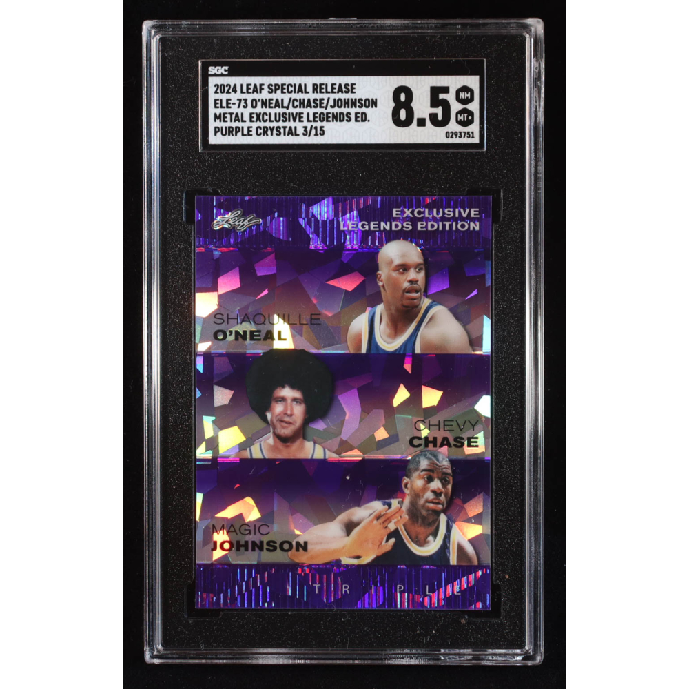 Shaquille O'Neal / Chevy Chase / Magic Johnson 2024 Leaf Metal Special Release Exclusive Legends Edition Crystal Purple #ELE73 #3/15 (SGC 8.5) at PristineAuction.com