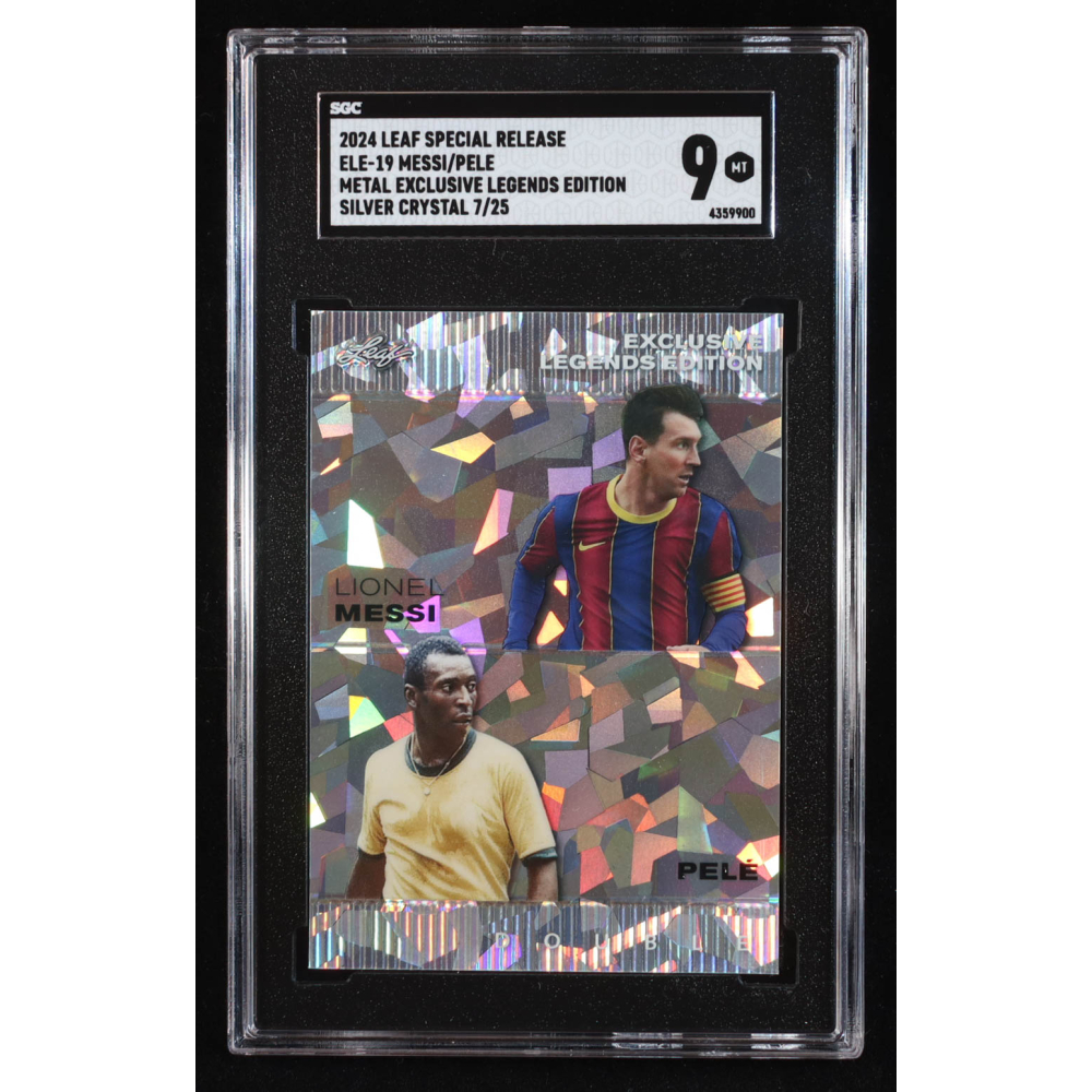 Lionel Messi / Pele 2024 Leaf Metal Special Release Exclusive Legends Edition Crystal Silver #ELE19 #7/25 (SGC 9) at PristineAuction.com
