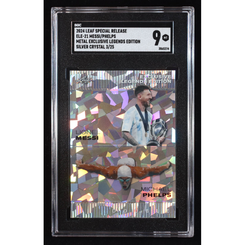 Lionel Messi / Michael Phelps 2024 Leaf Metal Special Release Exclusive Legends Edition Crystal Silver #ELE21 #3/25 (SGC 9) at PristineAuction.com