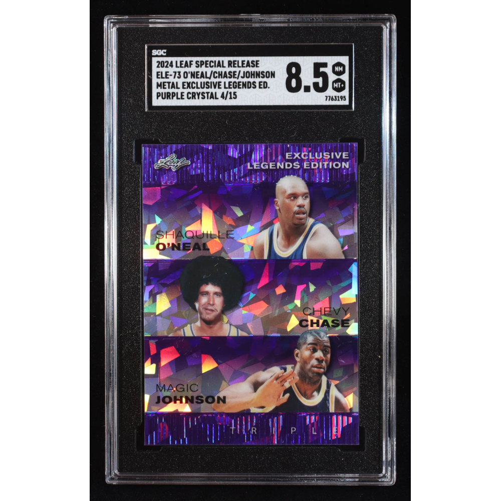 Shaquille O'Neal / Chevy Chase / Magic Johnson 2024 Leaf Metal Special Release Exclusive Legends Edition Crystal Purple #ELE73 #4/15 (SGC 8.5) at PristineAuction.com