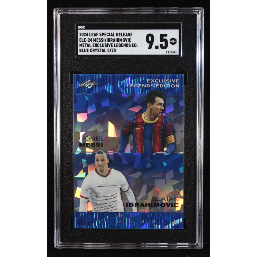 Lionel Messi / Zlatan Ibrahimovic 2024 Leaf Metal Special Release Exclusive Legends Edition Crystal Blue #ELE24 #5/20 (SGC 9.5) at PristineAuction.com