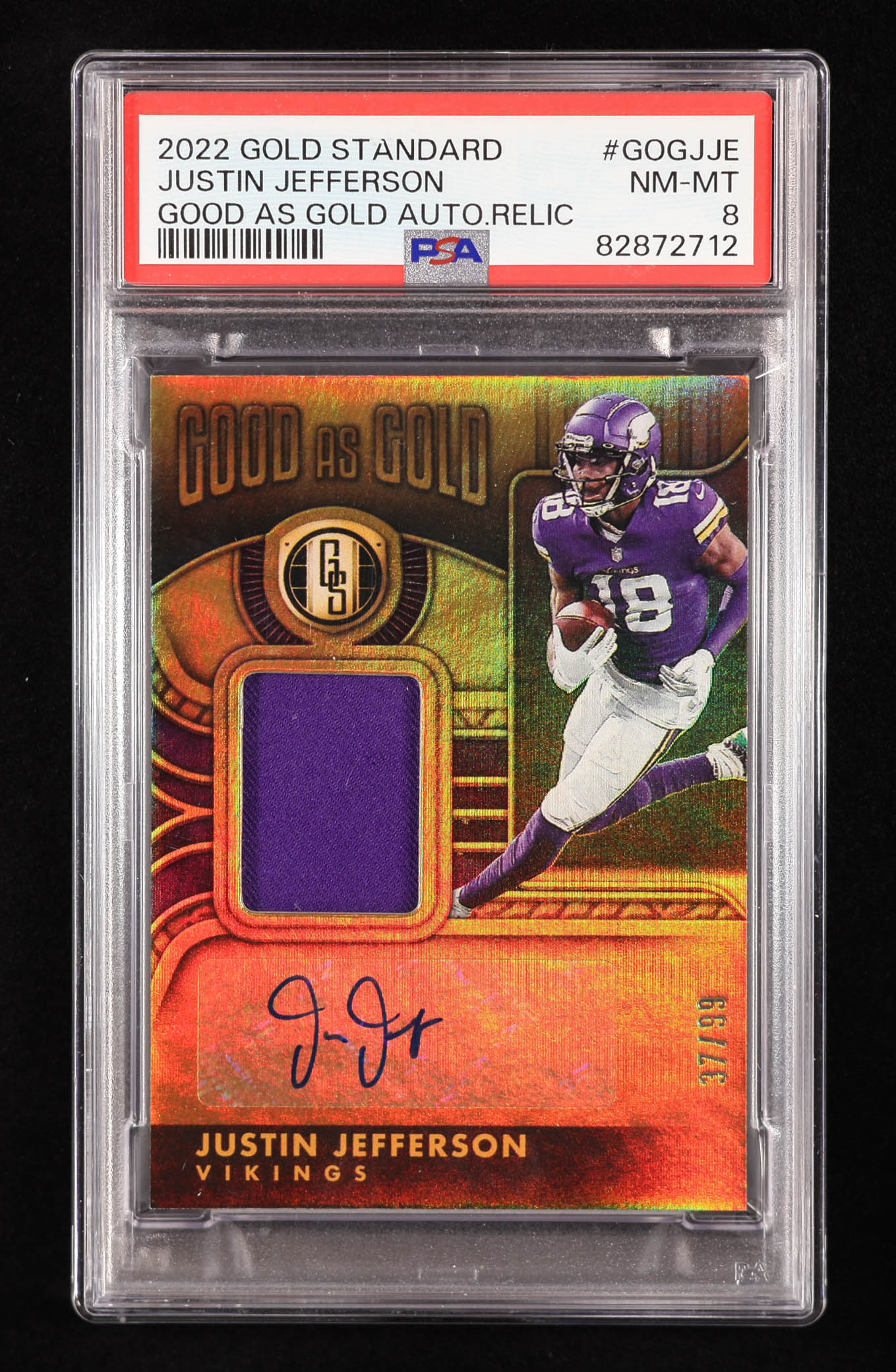 Justin Jefferson 2022 Panini Gold Standard Good as Gold Jersey Autographs #19 #37/99 (PSA 8) at PristineAuction.com Justin Jefferson 2022 Panini Gold Standard Good as Gold Jersey Autographs #19 #37/99 (PSA 8) at PristineAuction.com